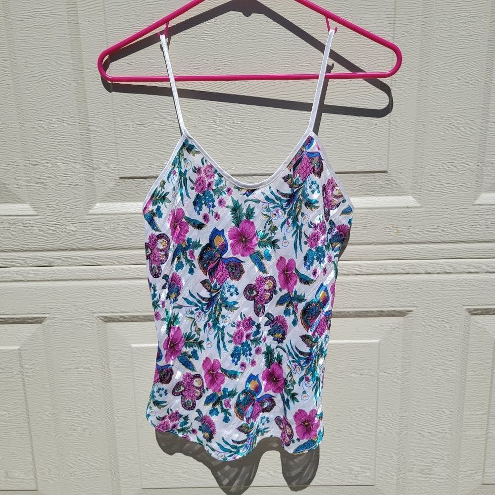 Vintage floral shimmer glam spaghetti strap tank top small